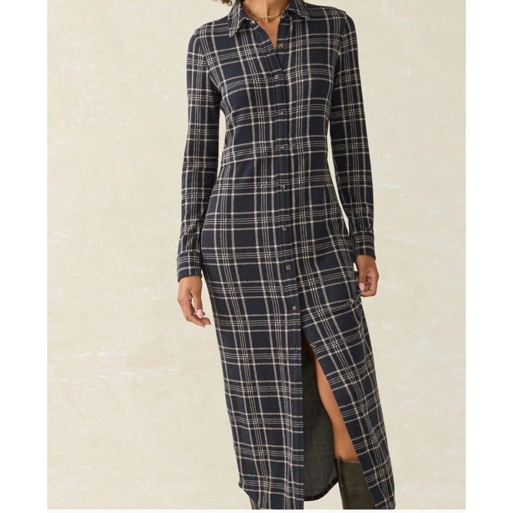 Faherty Womens Navy Blue Plaid Knit legend sweater Maxi Shirt Dress Small